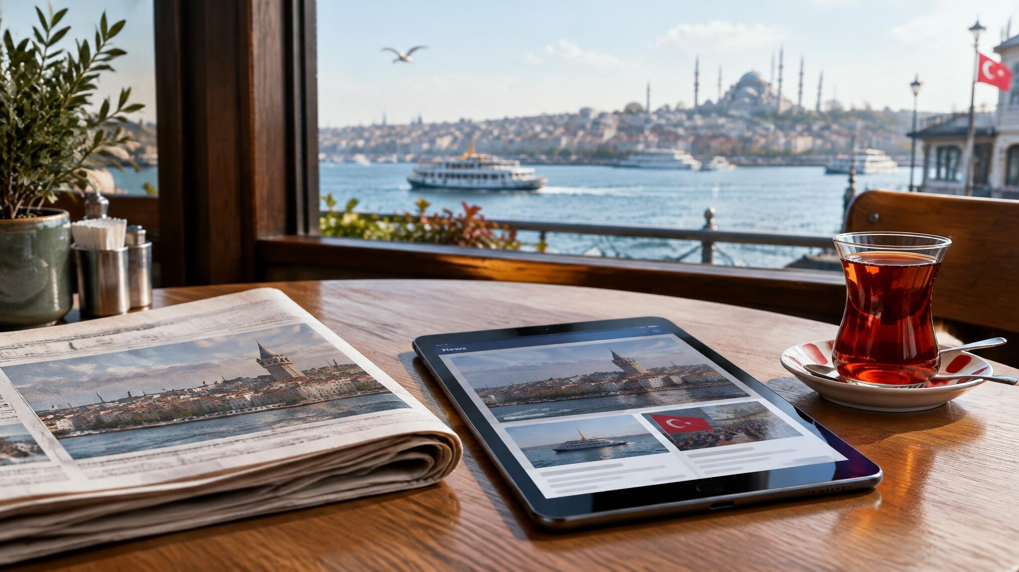 Newspapers and a tablet showing the news on a table